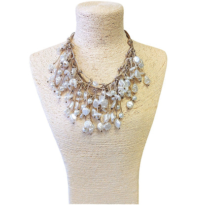 Modern Pearl Bib Necklace | Coastal | Leather | Boho | Fall